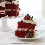 Red Velvet Strawberry Shortcake-A moist crumbed cake, layered with fresh whipped cream, strawberries and chocolate ganache!