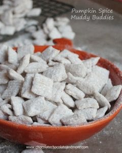 Pumpkin Spice Muddy Buddies-your favorite snack with the flavored with Pumpkin Spice, perfect for fall!