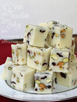 White Chocolate Fudge with Cranberries and Pistachios-full of red and green color, perfect for the holidays!