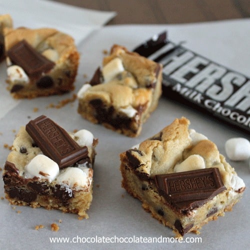 Smores Cookie Bars. Graham Cracker, Hershey's Chocolate and marshmallow wrapped up neatly in a bar.