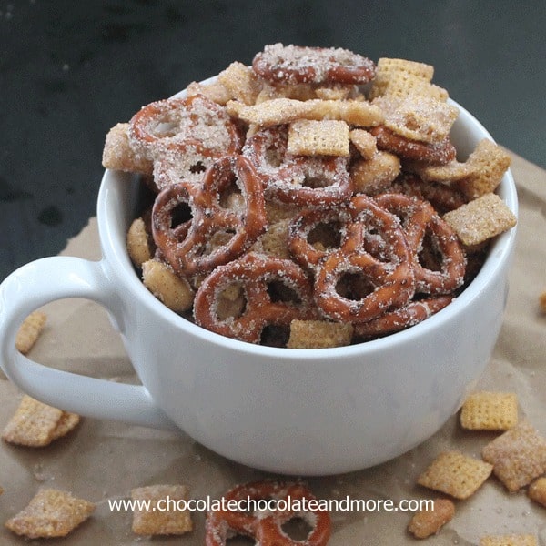 Sweet Salty Cinnamony Pretzel Snack Mix-you'll want to clean out the snack cabinet and make this!