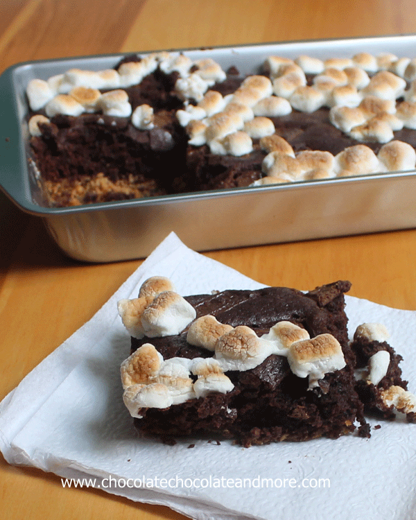 Smore's Brownie Cake-graham cracker crust, chocolatey cake and topped with toasted marshmallows