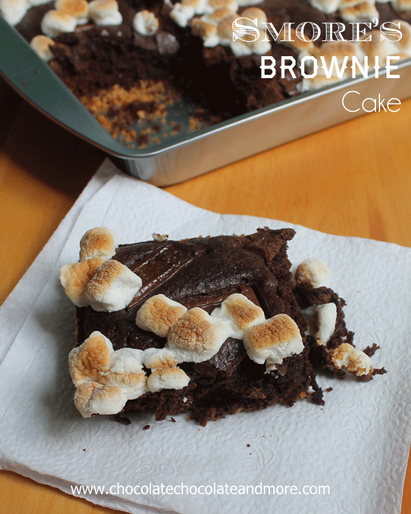 Smore's Brownie Cake-graham cracker crust, chocolatey cake and topped with toasted marshmallows