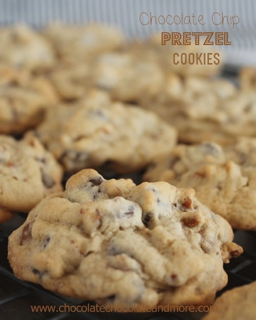 Chocolate Chip Pretzel Cookies, the perfect alternative for those with Nut allergies. Oh and the salty from the pretzel gives these cookies the perfect sweet/salty combination!