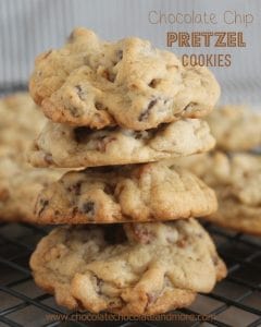 Chocolate Chip Pretzel Cookies, the perfect alternative for those with Nut allergies. Oh and the salty from the pretzel gives these cookies the perfect sweet/salty combination!