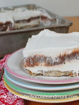 Fat Man's Delight-luscious layers of cheesecake filling, chocolate pudding and cool whip all on top of a pecan crust. Can easily be made low sugar/calorie.