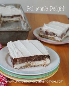 Fat Man's Delight-luscious layers of cheesecake filling, chocolate pudding and cool whip all on top of a pecan crust. Can easily be made low sugar/calorie.