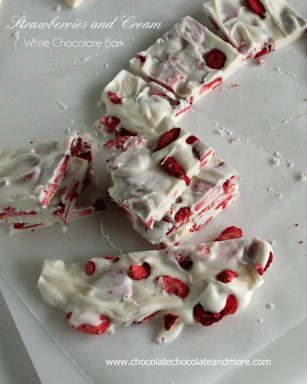 Strawberries and Cream White Chocolate Bark from www.ChocolateChocolateandmore.com -how can you go wrong with strawberries and white chocolate!