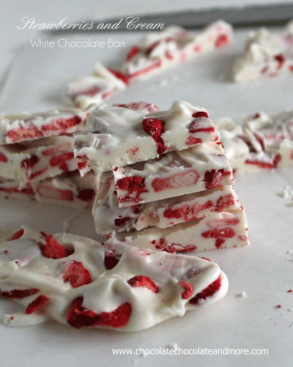 Strawberries and Cream White Chocolate Bark from www.ChocolateChocolateandmore.com -how can you go wrong with strawberries and white chocolate!