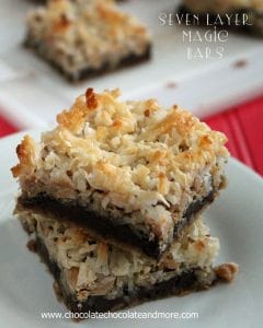 Seven Layer magic Bars-the bar that started all the magic! Semi-sweet chocolate, peanut butter chips, pecans and coconut layered on top of a Graham cracker crust.
