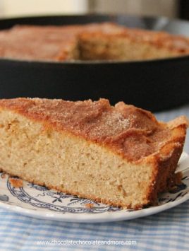 Brown Sugar Cinnamon Skillet Cake-don't let looks deceive you, this is a moist, full of cinnamon flavor cake, perfect for dessert or breakfast!