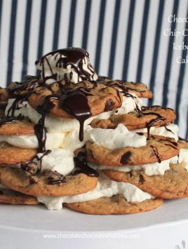 Chocolate Chip Cookie Icebox Cake-so simple to make, just cookies, whipped cream and some chocolate sauce!
