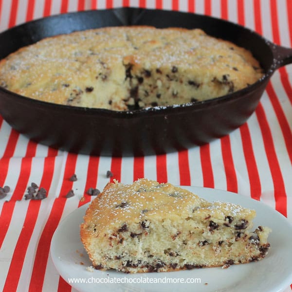Chocolate Chip Skillet Butter Cake-no frosting needed for this this simple cake! A light vanilla flavor with little bursts of chocolate in every bite!