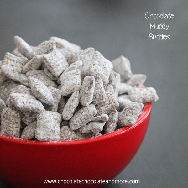 Chocolate Muddy Buddies (also called Puppy Chow) great to serve as parties or as a snack!