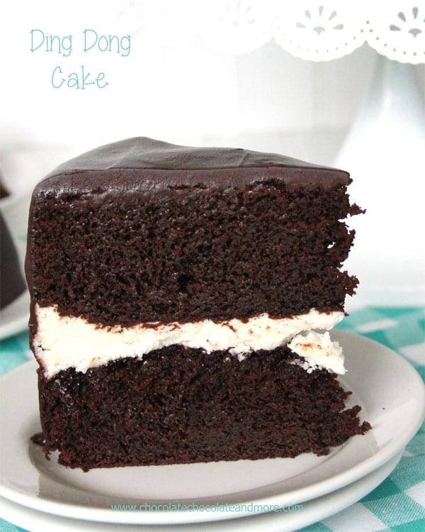 Ding Dong Cake-rich devil's food cake, a vanilla cream filling and smothered in chocolate ganache!