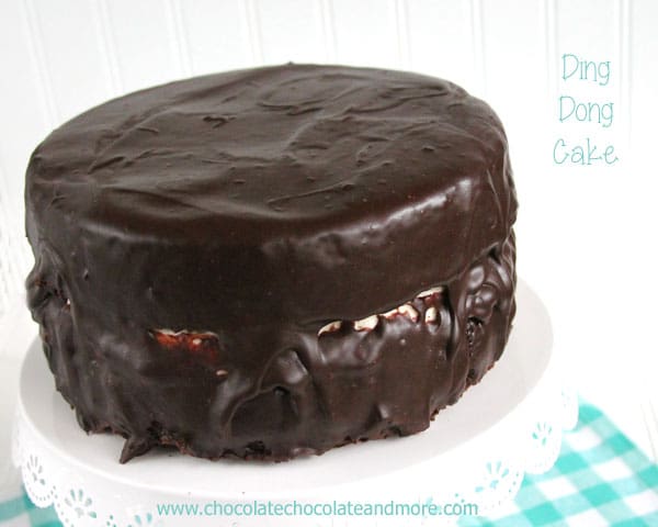 Ding Dong Cake-rich devil's food cake, a vanilla cream filling and smothered in chocolate ganache!