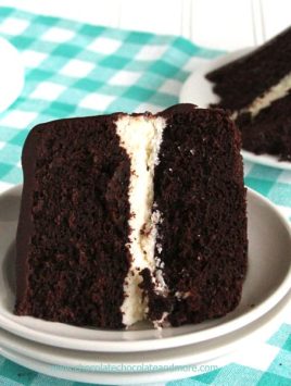 Ding Dong Cake-rich devil's food cake, a vanilla cream filling and smothered in chocolate ganache!