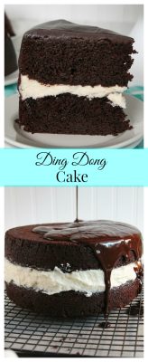 Ding Dong Cake-rich devil's food cake, a vanilla cream filling and smothered in chocolate ganache! Just like the snack cake you remember from childhood! 