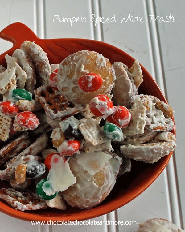 Pumpkin Spiced White Trash-a great way to clean out the snack cabinet! (oh and Pumpkin Spiced M&Ms-awesome!)