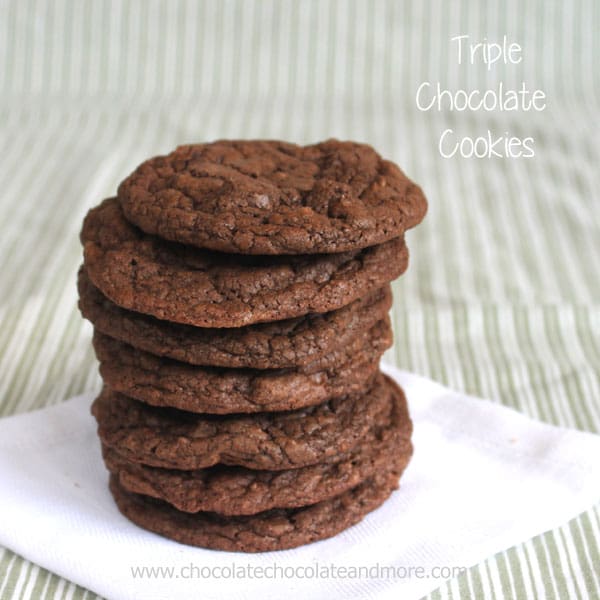 Triple Chocolate Cookies-Cocoa Powder, Semi-sweet Chocolate and Milk Chocolate team up making these cookies irresistibly Chocolatey!