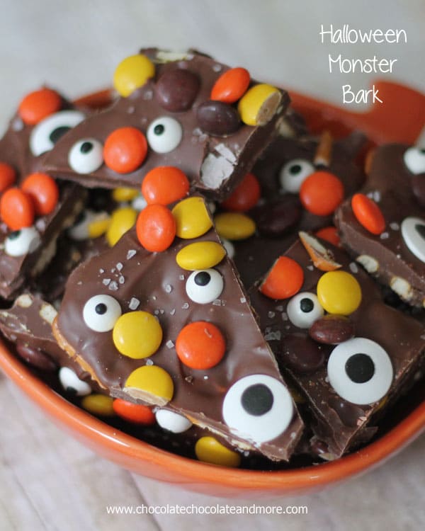 Salter Halloween Bark-chocolate, pretzels, reese pieces and candy eyes! 