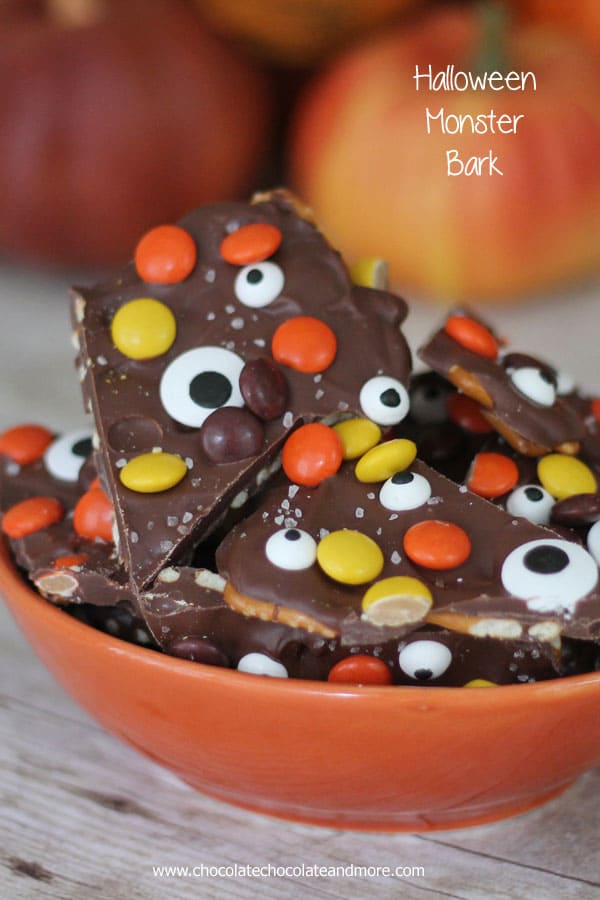 Salted Halloween Monster Bark-Chocolate Candy Bark and pretzels decorated with Reeses Pieces, Monster Eyes and sprinkled with a little Sea Salt. 