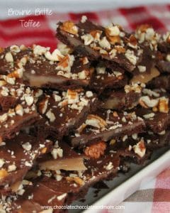Brownie Brittle Toffee-crisp chocolately Brownie Brittle combined with buttery toffee and sprinkled with pecans!