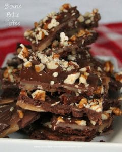 Brownie Brittle Toffee-crisp chocolate Brownie Brittle combined with buttery toffee and sprinkled with pecans! Makes a great gift if you can part with it!