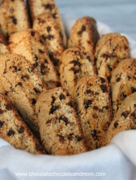 Chocolate Chip Cookie Biscotti-crisp vanilla cookie with bursts of mini chocolate chips throughout then for an extra indulgence served with a White Chocolate dipping sauce!