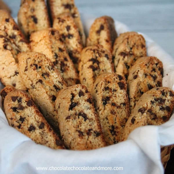 Chocolate Chip Cookie Biscotti-crisp vanilla cookie with bursts of mini chocolate chips throughout then for an extra indulgence served with a White Chocolate dipping sauce!