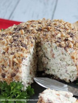 Chocolate Pecan Encrusted Bacon Cheese Ball-Jarlsberg cheese enhances the flavors of bacon, green onions and just a touch of blue cheese then coated in pecans and semi-sweet chocolate!