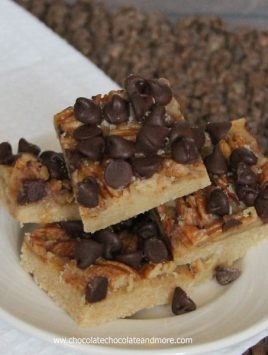 English Toffee Bars-Simple shortbread crust covered with pecans, a buttery toffee and loaded with chocolate chips on top!