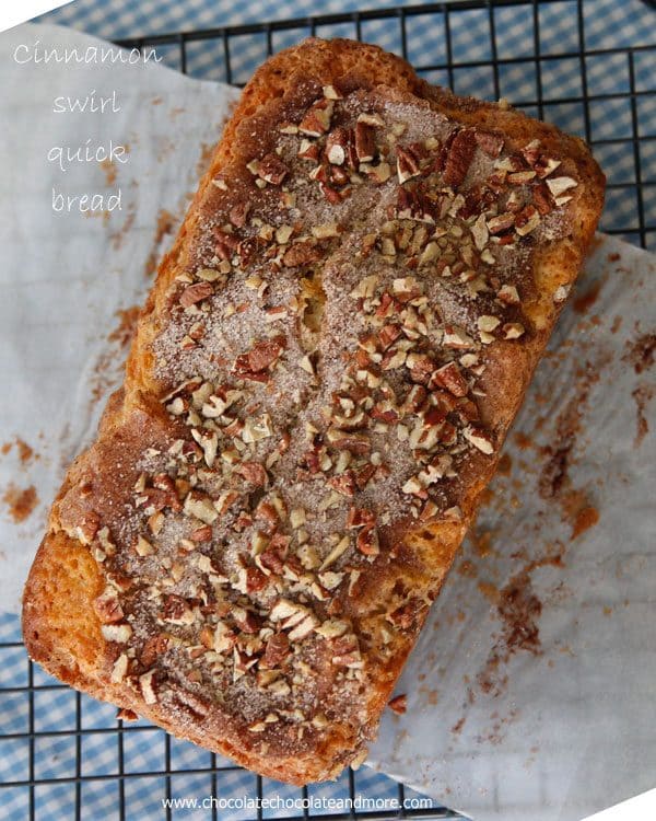 Cinnamon Swirl Quick Bread filled with cinnamon sugar and pecans, for an easy breakfast treat or snack.