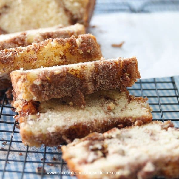 Cinnamon Swirl Quick Bread filled with cinnamon sugar and pecans, for an easy breakfast treat or snack.