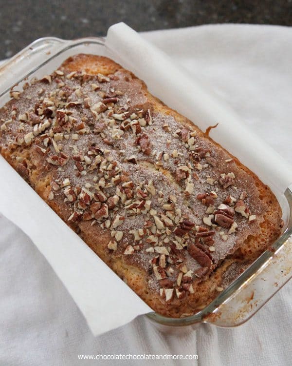 Cinnamon Swirl Quick Bread filled with cinnamon sugar and pecans, for an easy breakfast treat or snack.