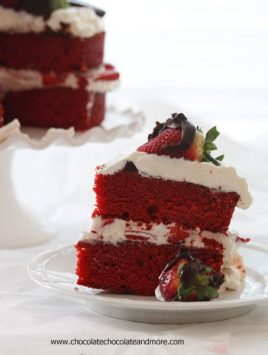 Red Velvet Strawberry Shortcake-A moist crumbed cake, layered with fresh whipped cream, strawberries and chocolate ganache!