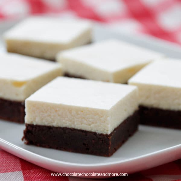 Brownie Bottom Cheesecake Bars-a fudgy brownie bottom topped with a classic cheesecake top, the best of two delicious desserts in every bite! 