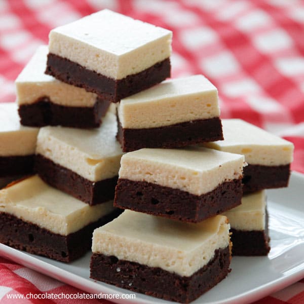 Brownie Bottom Cheesecake Bars-a fudgy brownie bottom topped with a classic cheesecake top, the best of two delicious desserts in every bite! 