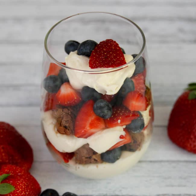 No-Bake Cheesecake Brownie Parfaits are perfect for any occasion, create a parfait bar with the addition of your favorite fruits-strawberries, raspberries and blueberries!