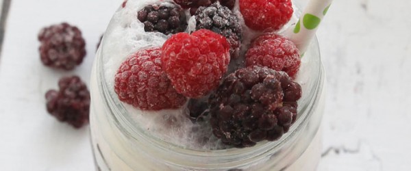 Fruity Ice Cream Floats-a little ice cream, your favorite frozen fruit and some lemon-lime soda are all you need to make this refreshing summer treat.