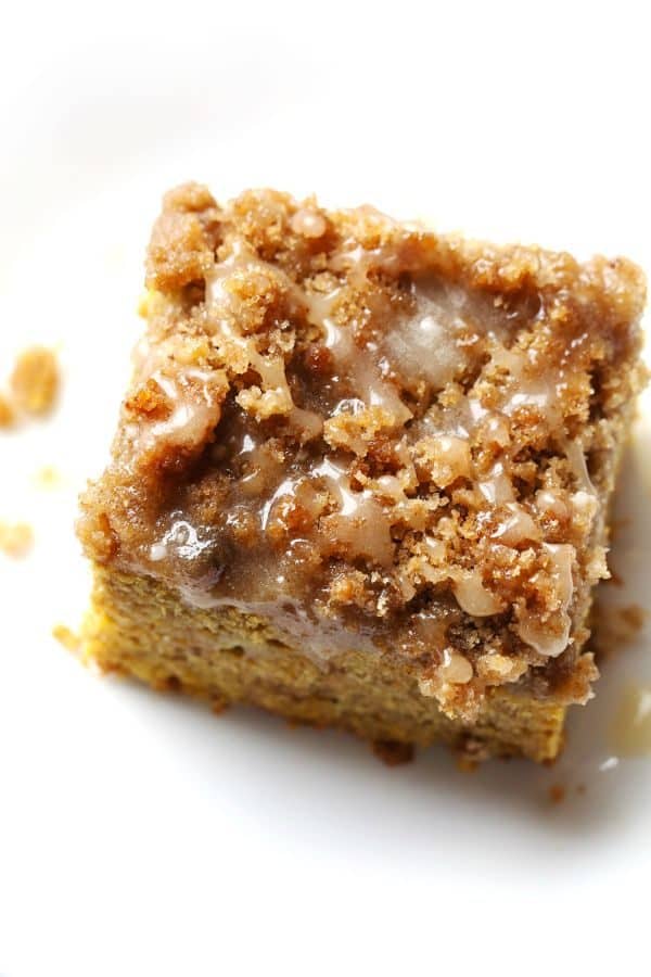 Cinnamon Streusel Pumpkin Coffee Cake with Maple Glaze by pinchofyum.com