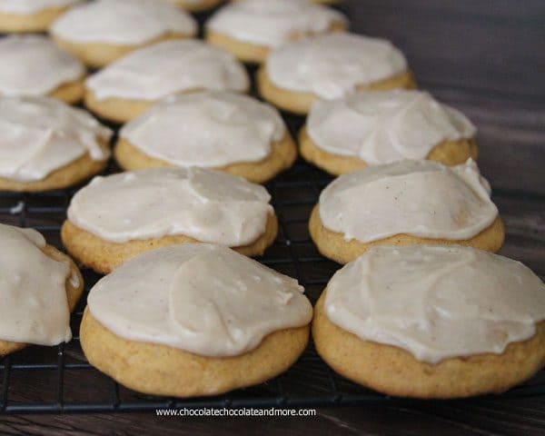 Frosted Pumpkin Cake Cookies by chocolatechocolateandmore.com
