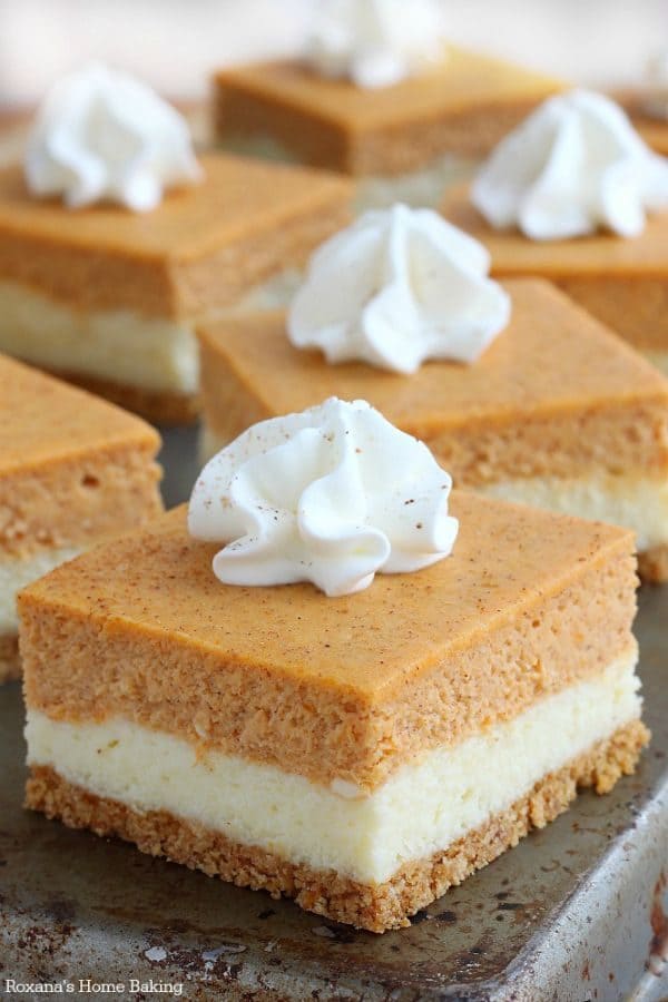 Pumpkin Cheesecake Bars by roxanashomebaking.com