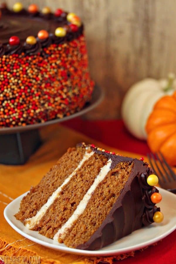 Pumpkin Layer Cake with Brown Butter Filling and Chocolate Sour Cream Frosting by sugarhero.com