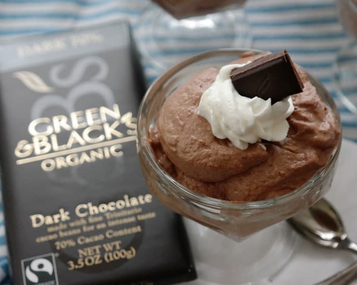 Easy Whipped Dark Chocolate Mousse-just 3 ingredients to create this delicate dessert, the secret is using good dark chocolate! Green & Black 70% Dark Chocolate makes this dessert decadent! 