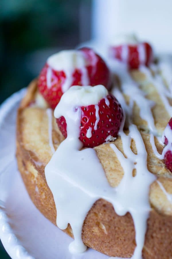 Strawberry Lemon Glazed Poundcake-starts with a mix then strawberries, cheesecake and a sweet glaze turn this into something amazing! 