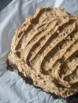 This cookie dough frosting tastes just like fresh cookie dough but is made safe for eating by using no eggs. Perfect on cake or eaten with a spoon.