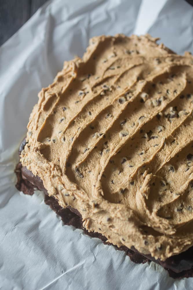 This cookie dough frosting tastes just like fresh cookie dough but is made safe for eating by using no eggs. Perfect on cake or eaten with a spoon.