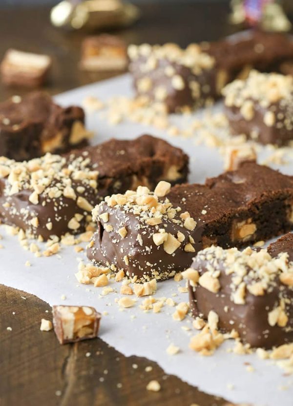Chocolate Dipped Snickers Cookie Bars