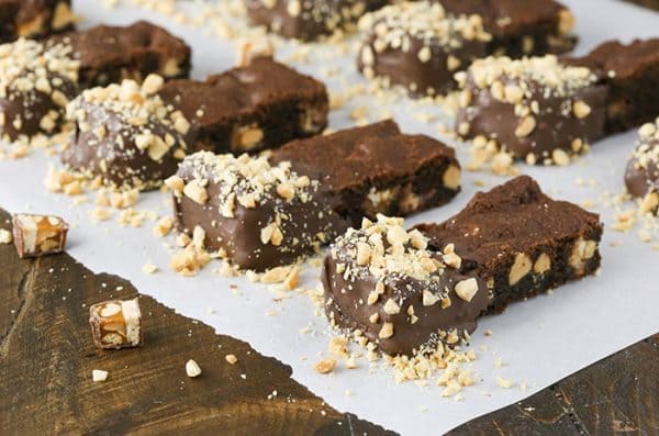 Chocolate Dipped Snickers Cookie Bars